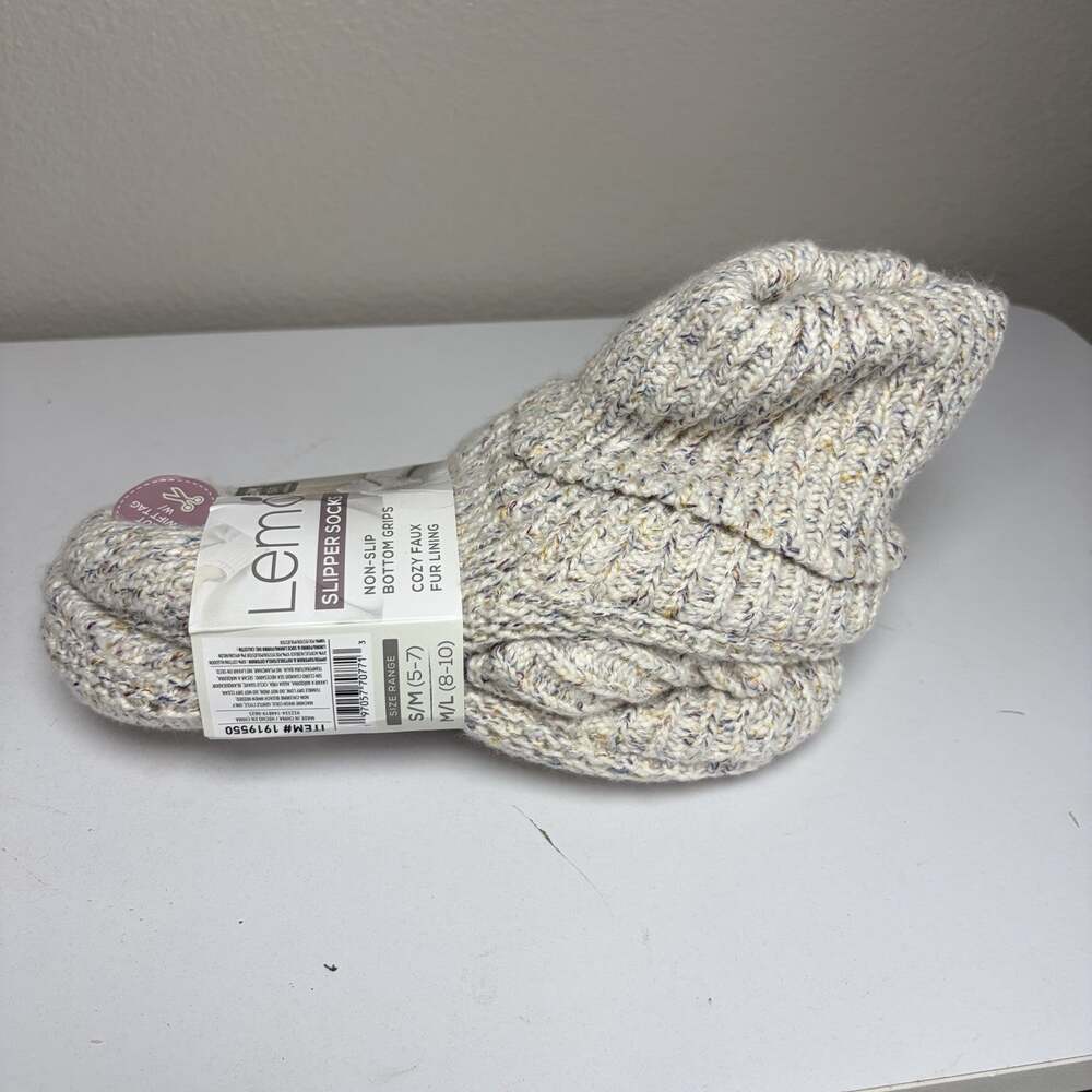 Lemon Women's S/M (5-7) Knitted Slipper Socks Non-Slip Cozy Faux Fur Lining